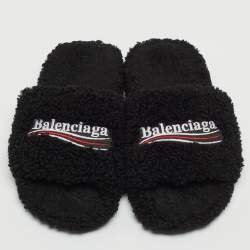 Balenciaga Black Shearing Fur Flat Slides Size 38 
