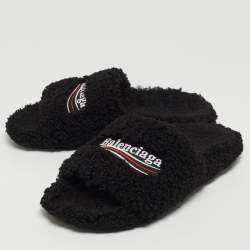 Balenciaga Black Shearing Fur Flat Slides Size 38 