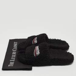 Balenciaga Black Shearing Fur Flat Slides Size 38 