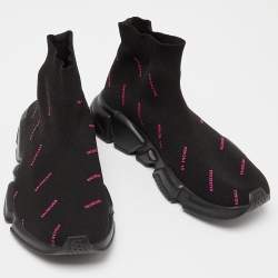 Pre Owned Balenciaga Black/Pink Logo Print Knit Fabric Speed Trainer Sneakers Size 37