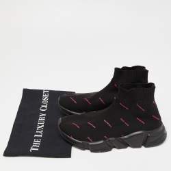 Pre Owned Balenciaga Black/Pink Logo Print Knit Fabric Speed Trainer Sneakers Size 37