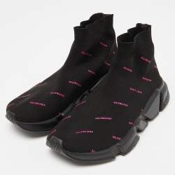 Pre Owned Balenciaga Black/Pink Logo Print Knit Fabric Speed Trainer Sneakers Size 37