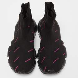 Pre Owned Balenciaga Black/Pink Logo Print Knit Fabric Speed Trainer Sneakers Size 37