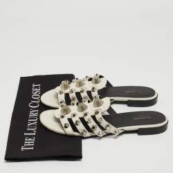 Pre Owned Balenciaga White Leather Studded Arena Flat Slides Size 38