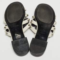 Pre Owned Balenciaga White Leather Studded Arena Flat Slides Size 38