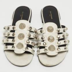 Pre Owned Balenciaga White Leather Studded Arena Flat Slides Size 38