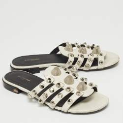 Pre Owned Balenciaga White Leather Studded Arena Flat Slides Size 38