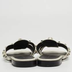Pre Owned Balenciaga White Leather Studded Arena Flat Slides Size 38