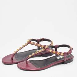 Pre Owned Balenciaga Burgundy Leather Arena Thong Flats Size 37.5