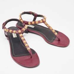 Pre Owned Balenciaga Burgundy Leather Arena Thong Flats Size 37.5