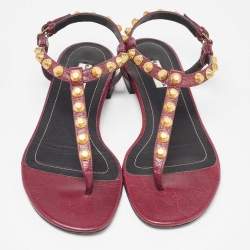 Pre Owned Balenciaga Burgundy Leather Arena Thong Flats Size 37.5