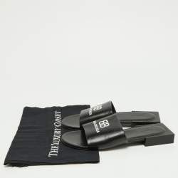 Pre Owned Balenciaga Black Leather Logo Box Flat Slides Size 38