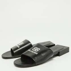 Pre Owned Balenciaga Black Leather Logo Box Flat Slides Size 38