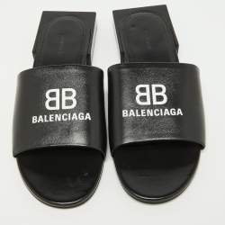 Pre Owned Balenciaga Black Leather Logo Box Flat Slides Size 38