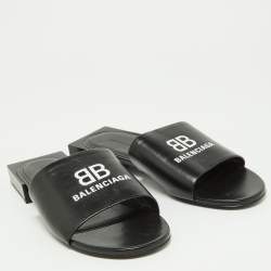Pre Owned Balenciaga Black Leather Logo Box Flat Slides Size 38