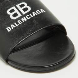 Pre Owned Balenciaga Black Leather Logo Box Flat Slides Size 38