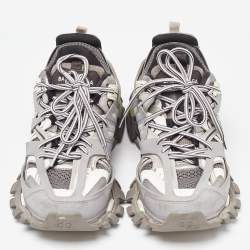 Pre Owned Balenciaga Grey/White Faux Leather and Mesh Track Sneakers Size 38