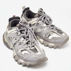 Pre Owned Balenciaga Grey/White Faux Leather and Mesh Track Sneakers Size 38
