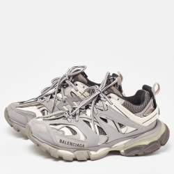 Pre Owned Balenciaga Grey/White Faux Leather and Mesh Track Sneakers Size 38