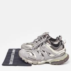 Pre Owned Balenciaga Grey/White Faux Leather and Mesh Track Sneakers Size 38