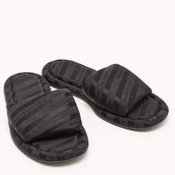 Pre Owned Balenciaga Black Logo Print Fabric Flat Slides Size 35