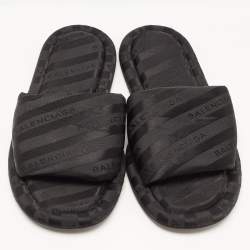 Pre Owned Balenciaga Black Logo Print Fabric Flat Slides Size 35