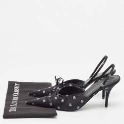 Pre Owned Balenciaga Black Logo Print Satin Knife Slingback Pumps Size 39.5