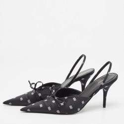 Pre Owned Balenciaga Black Logo Print Satin Knife Slingback Pumps Size 39.5