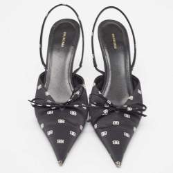 Pre Owned Balenciaga Black Logo Print Satin Knife Slingback Pumps Size 39.5