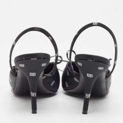 Pre Owned Balenciaga Black Logo Print Satin Knife Slingback Pumps Size 39.5
