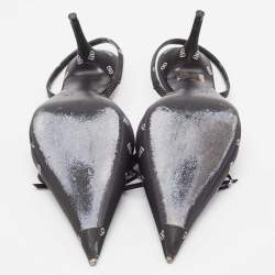 Pre Owned Balenciaga Black Logo Print Satin Knife Slingback Pumps Size 39.5