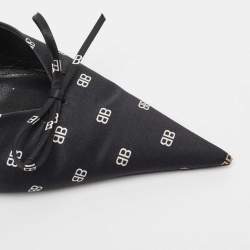 Pre Owned Balenciaga Black Logo Print Satin Knife Slingback Pumps Size 39.5
