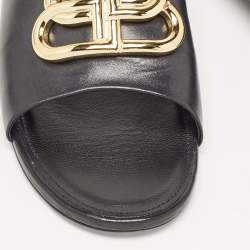 Pre Owned Balenciaga Black Leather BB Logo Embellished Flat Slides Size 38.5
