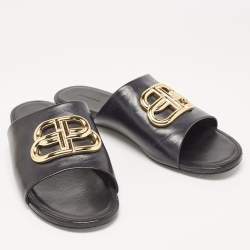 Pre Owned Balenciaga Black Leather BB Logo Embellished Flat Slides Size 38.5