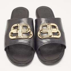 Pre Owned Balenciaga Black Leather BB Logo Embellished Flat Slides Size 38.5