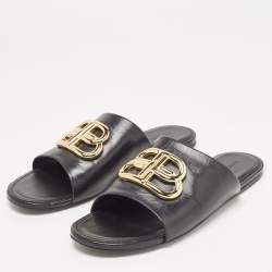Pre Owned Balenciaga Black Leather BB Logo Embellished Flat Slides Size 38.5