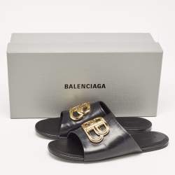 Pre Owned Balenciaga Black Leather BB Logo Embellished Flat Slides Size 38.5