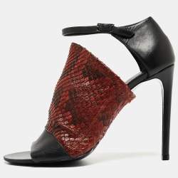Balenciaga Brown/Black Python Embossed and Leather Ankle Strap Sandals Size 38.5