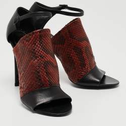 Balenciaga Brown/Black Python Embossed and Leather Ankle Strap Sandals Size 38.5
