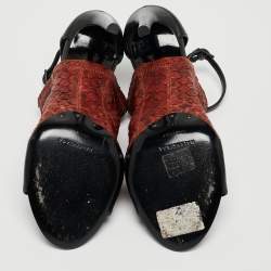 Balenciaga Brown/Black Python Embossed and Leather Ankle Strap Sandals Size 38.5