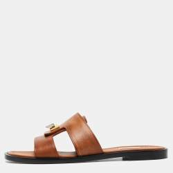 Balenciaga Brown Leather Flip Lock Flat Slides Size 41 Balenciaga