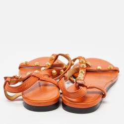 Pre Owned Balenciaga Orange Leather Arena Studded Thong Sandals Size 38.5