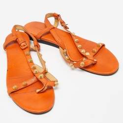 Pre Owned Balenciaga Orange Leather Arena Studded Thong Sandals Size 38.5