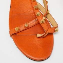 Pre Owned Balenciaga Orange Leather Arena Studded Thong Sandals Size 38.5