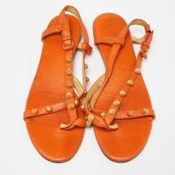 Pre Owned Balenciaga Orange Leather Arena Studded Thong Sandals Size 38.5