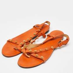 Pre Owned Balenciaga Orange Leather Arena Studded Thong Sandals Size 38.5