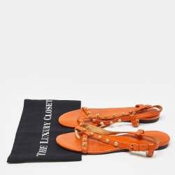 Pre Owned Balenciaga Orange Leather Arena Studded Thong Sandals Size 38.5