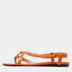 Pre Owned Balenciaga Orange Leather Arena Studded Thong Sandals Size 38.5