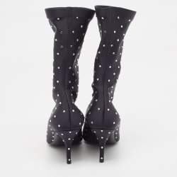 Pre Owned Balenciaga Black Fabric Crystal Embellished Pointed Toe Mid Calf Booties Size 37