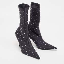 Pre Owned Balenciaga Black Fabric Crystal Embellished Pointed Toe Mid Calf Booties Size 37